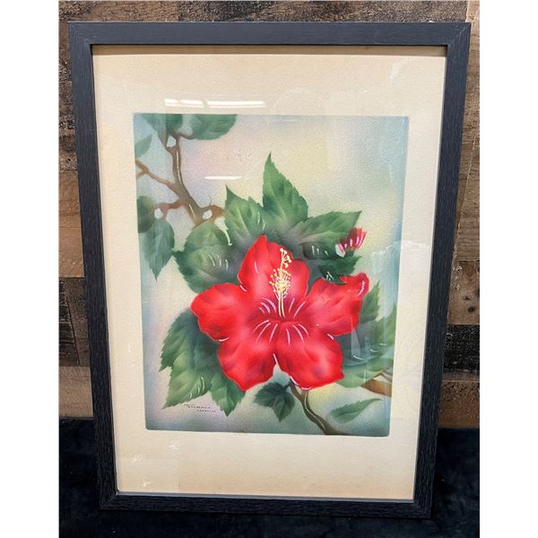 Hibiscus Flower Airbrush Painting by Tip Freeman Circa 1940-50's Honolulu 16" x 20", Framed