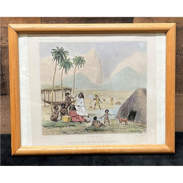 Group of Villagers at Honolulu, Oahu Island 1841 Engraving 12" x 9.5" Framed