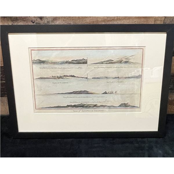 Views of the Sandwich Islands 1785 Hand Colored Print by Alex Hogg, London 20" x 14" Framed
