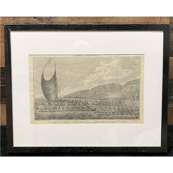 Tereoboo King of Hawaii Bringing Presents to Captain Cook 1790 Engraving 19" x 15" Framed