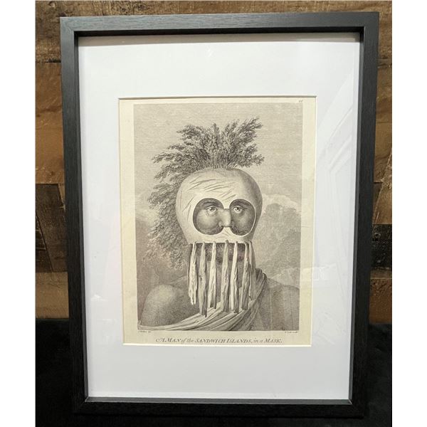Man of the Sandwich Islands in a Mask 1785 Engraving Large Folio Edition 12" x 16.5" Framed & Matted
