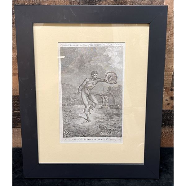 Man of the Sandwich Islands Dancing 1788-90 Copper Engraving by Thomas Bankes 17.5" x 21.5", Framed