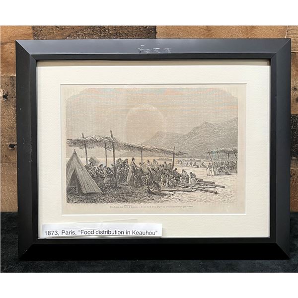 Food Distribution in Keauhou 1873 Engraving 15" x 12", Framed
