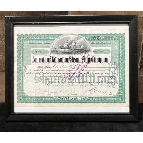 American-Hawaiian Steamship Company 1917 Stock Certificate, 10 Shares, 11" x 8.5", Framed