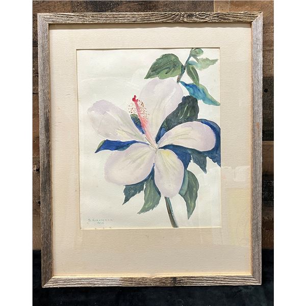 Hibiscus Flower Watercolor Painting by S. Hironaka 1939, 16" x 20", Framed