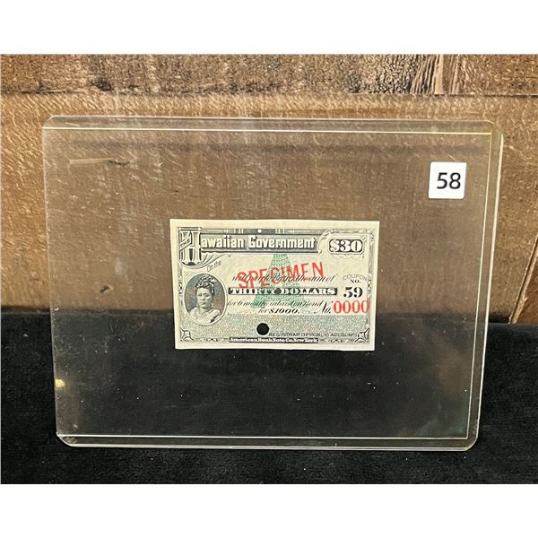 Hawaiian Government $30 Specimen Bond Coupon #59 Circa 1880's 3.5" x 1.5" in Plastic Display