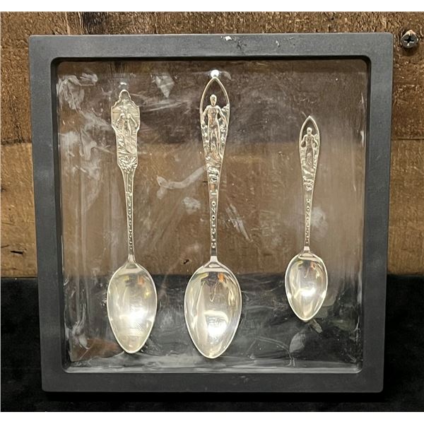 Qty 3 Duke Kahanamoku Image 1910-17 Sterling Silver Spoons 7" x 7", Framed