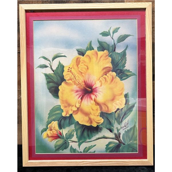 Yellow Hibiscus Flowers Airbrush Painting by Ted Mundorff 1940-50, 21" x 17", Framed & Matted