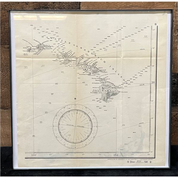 Map of All the Hawaiian Islands 1893 from US Geological Survey 12" x 12", Framed
