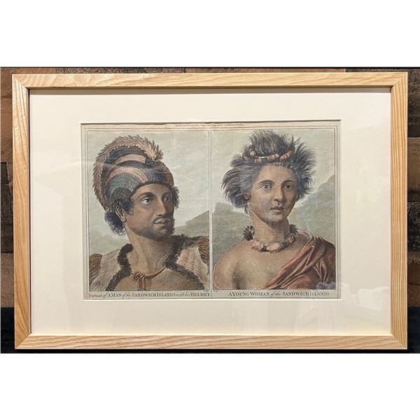 Portraits of a Man & Young Woman of Sandwich Islands Hand Colored Engraving 1785 by Alex Hogg 19" x 