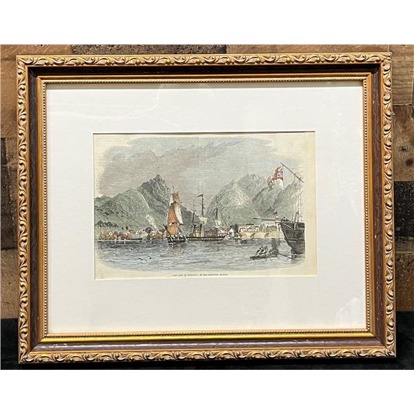 The Port of Honolulu in the Sandwich Islands 1849 Wood Engraved Print from London News 16" x 12" Fra