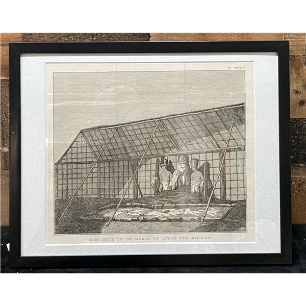 The House in the Temple on Kauai 1803 Engraving 14" x 11", Framed