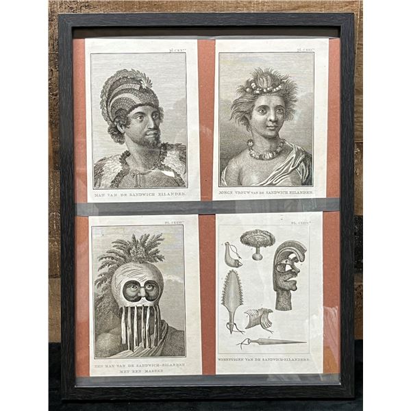 Qty 4 Engravings from Captain Cook's Discovery of Hawaii in Single Frame 13" x 17"