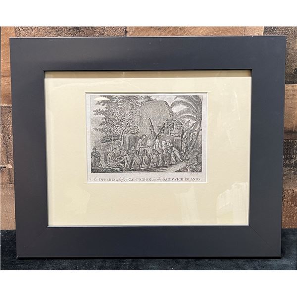 An Offering Before Captain Cook 1800's Engraving 16.5" x 13.5", Framed & Matted