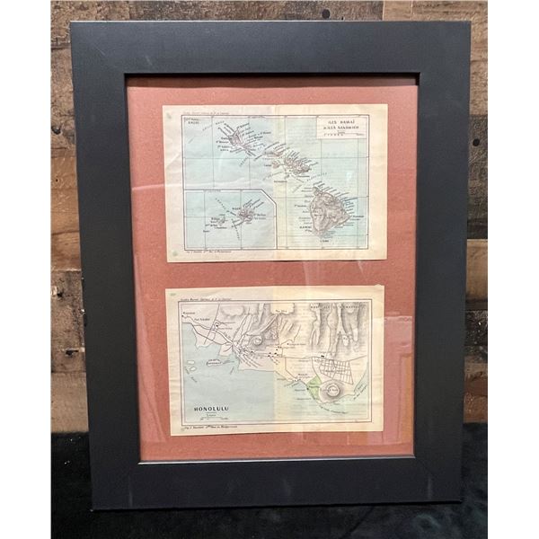 Qty 2 Maps of "Iles Sandwich" All the Hawaiian Islands 1910 in Single Frame 13" x 17"