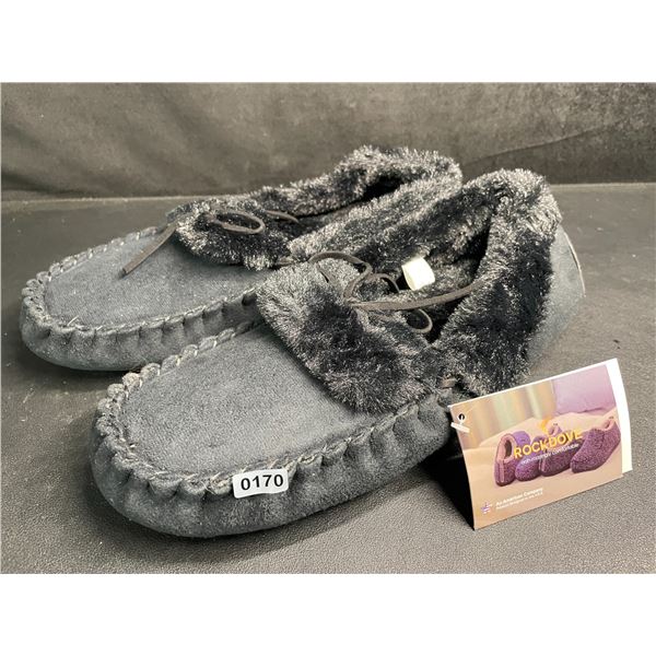 RockDove Women's Faux Fur Lined Moccasin Slippers (Black) Size 11 w/ Grip Bottom - New!