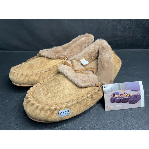 RockDove Women's Faux Fur Lined Moccasin Slippers (Tan) Size 11 w/ Grip Bottom - New!