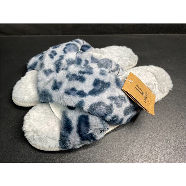 LongBay Women's Leopard Print Fuzzy Cross-Band Slide Slippers - Size 11-12 - New