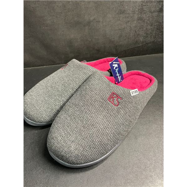 KomforMe Men's Memory Foam Slippers with Grip Bottom - Size 12/13 - Gray/Fuchsia - New