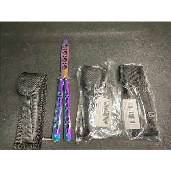 Lot of 3 Rainbow/Chrome Butterfly Training Knives - Dull Practice Knives - New