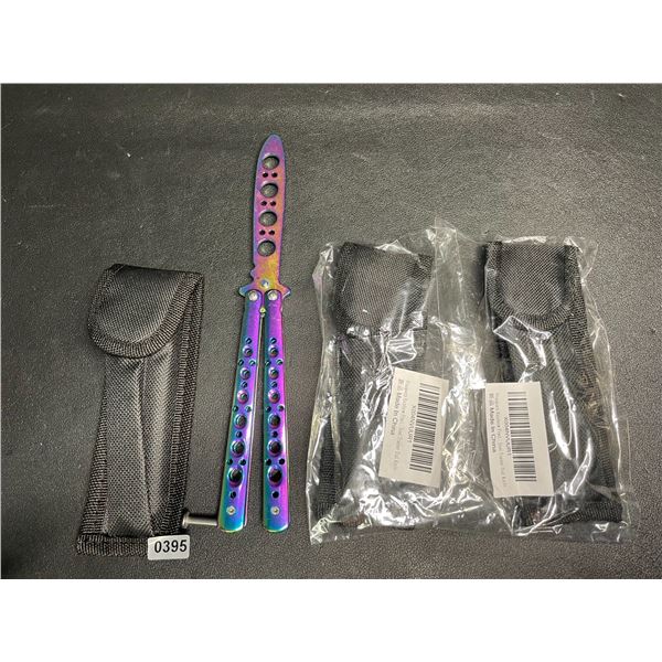 Lot of 3 Rainbow/Chrome Butterfly Training Knives - Dull Practice Knives - New