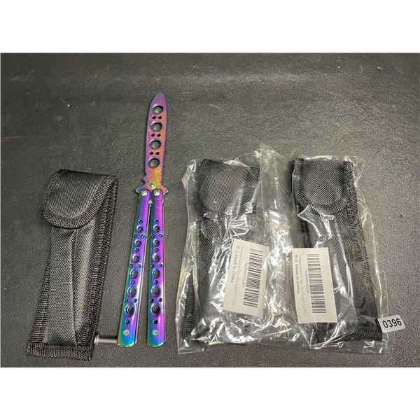 Lot of 3 Rainbow/Chrome Butterfly Training Knives - Dull Practice Knives - New
