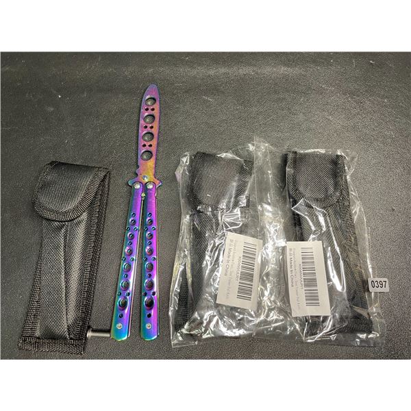Lot of 3 Rainbow/Chrome Butterfly Training Knives - Dull Practice Knives - New