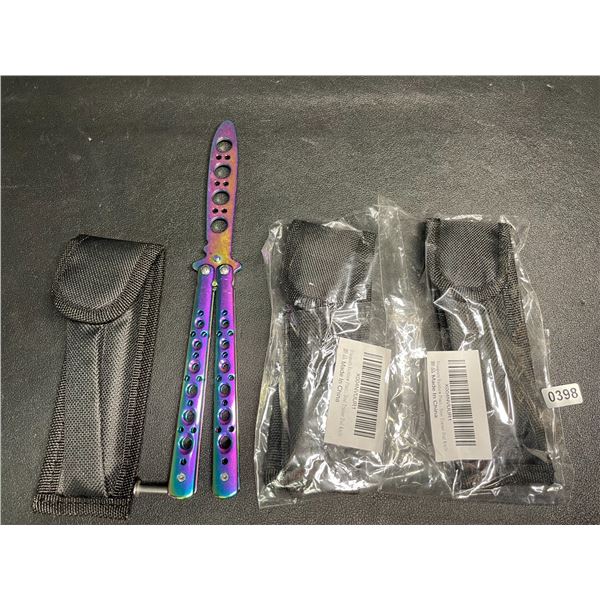 Lot of 3 Rainbow/Chrome Butterfly Training Knives - Dull Practice Knives - New
