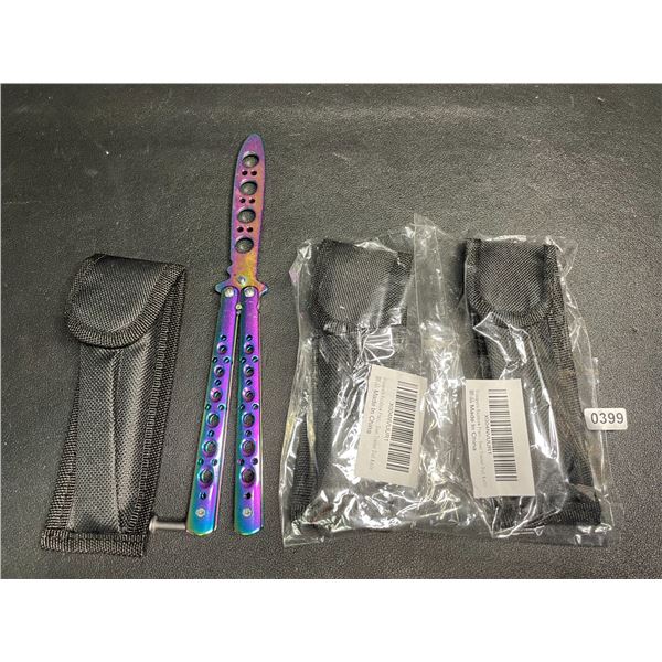 Lot of 3 Rainbow/Chrome Butterfly Training Knives - Dull Practice Knives - New