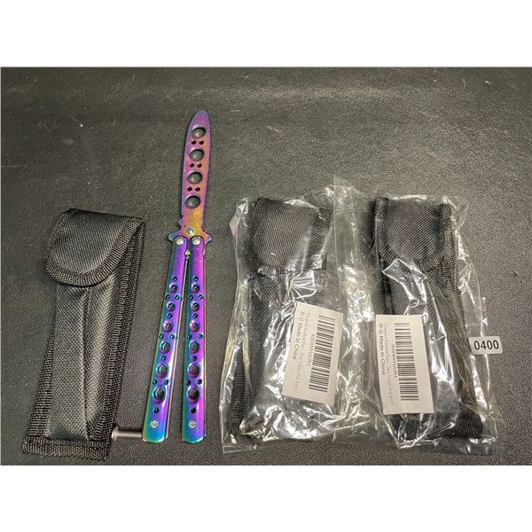 Lot of 3 Rainbow/Chrome Butterfly Training Knives - Dull Practice Knives - New