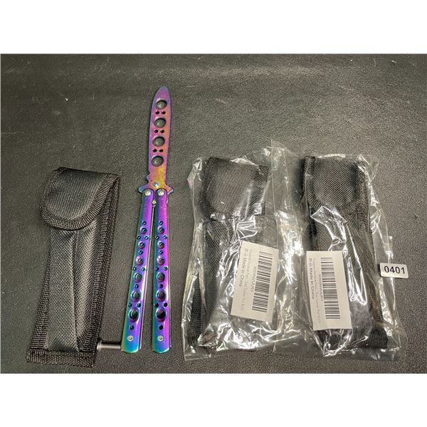 Lot of 3 Rainbow/Chrome Butterfly Training Knives - Dull Practice Knives - New
