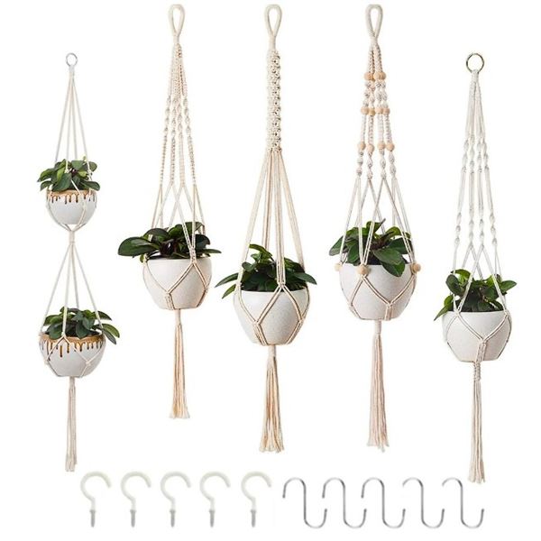 5-Pack of Macrame Plant Hangers/Plant Holders with Hooks for Indoor or Outdoor Use (5 Styles) New