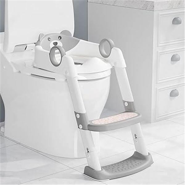 Potty Training Toilet Seat with Step-Stool Ladder/Safety Handles - Grey/White - New Sealed!