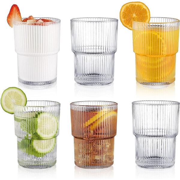 6-Pack Box of Ribbed Glass Cups/Drinking Glasses - Transparent Glasses for Beverages (6oz) New
