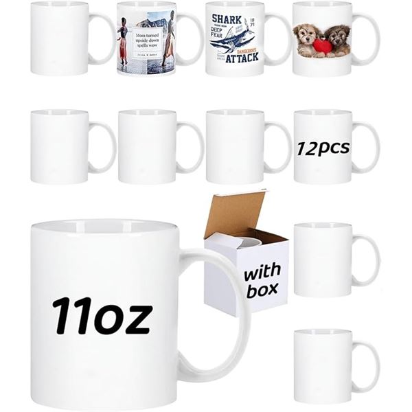 12PC Sublimation Mugs/11oz Blank Coffee Mugs for DIY Customization/Crafts (White) With Boxes - New!