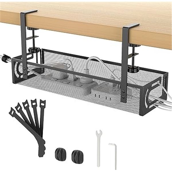Under-Desk Cable Management Tray - Metal Mesh Clamp Cable Tray (Black) No Drilling! - New