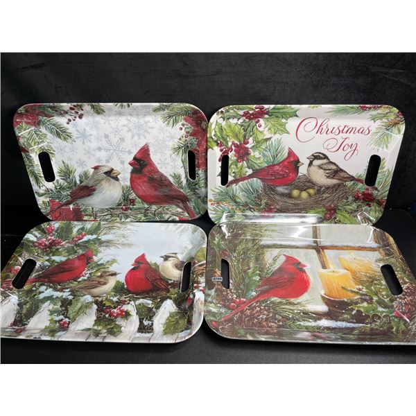Set of 4 Large (16") Rustic Christmas/Holiday Design Serving Trays - New