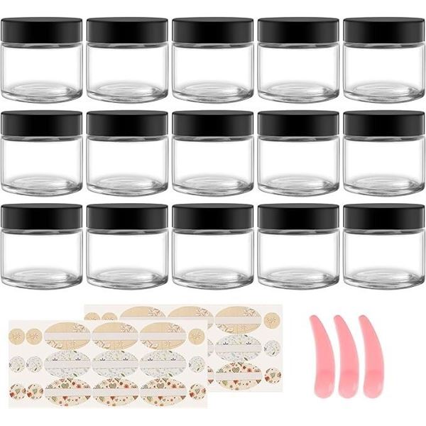 15-Pack Round Clear Glass Cosmetic Jars with Black Lids (4oz) Great for DIY Beauty/Crafts - New