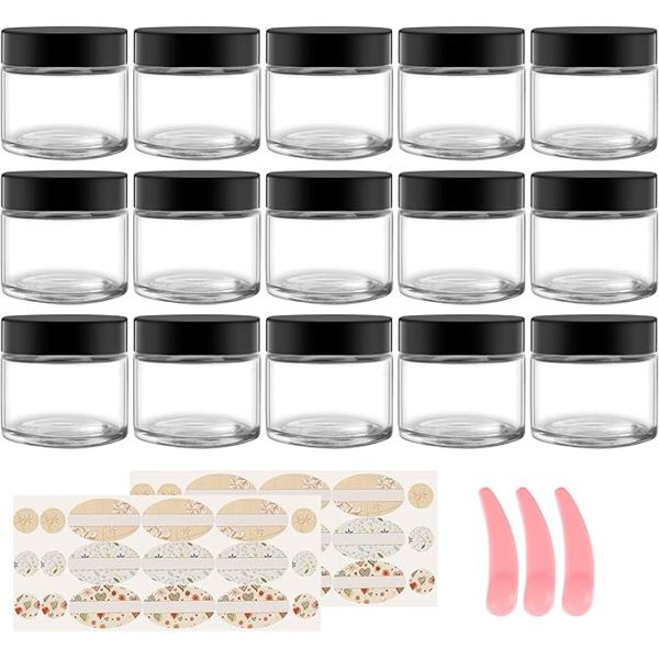 15-Pack Round Clear Glass Cosmetic Jars with Black Lids (4oz) Great for DIY Beauty/Crafts - New