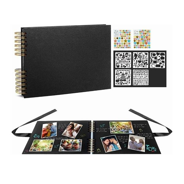 Scrapbook Photo Album Kit - 80 Pages/Hardcover (Black) with Stickers & Stencils - Brand New