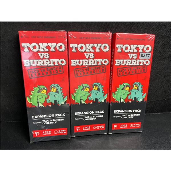 Lot of 3 Tokyo vs Burrito Expansion Packs for Taco vs Burrito Card Game - New Sealed