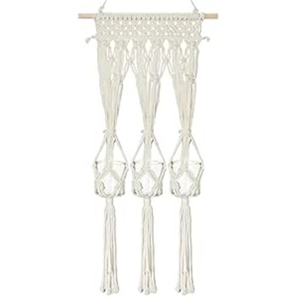 Macrame 3-Glass Vase Boho Rope Wall-Hanging Decor - Long 27" Size - New in Box