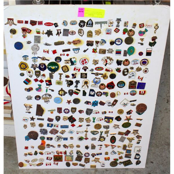 BOARD WITH OVER 300 DIFFERENT LAPEL PINS ON IT