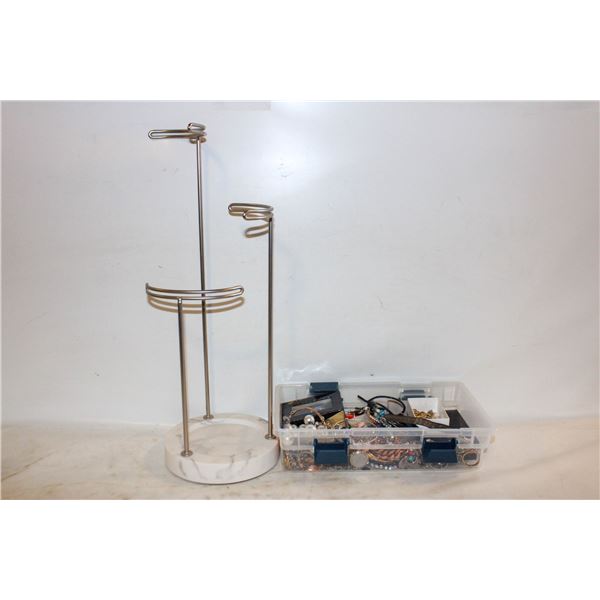 BIN OF JEWELRY WITH JEWELRY STAND