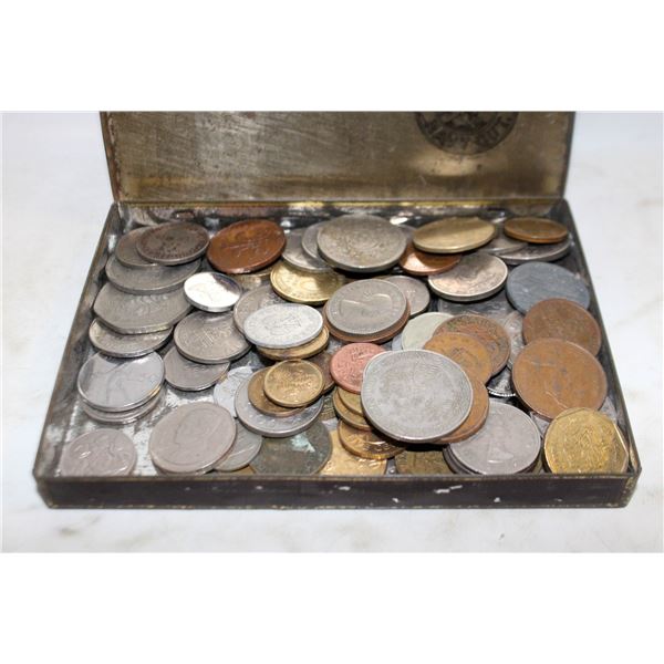 OLD TOBACCO TIN WITH VARIOUS ESTATE WORLD COINS