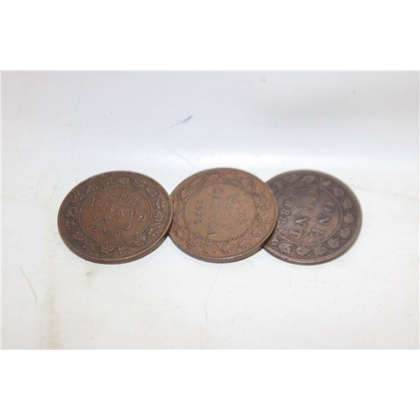 LOT OF 3 OLD LARGE CANADA 1 CENT COINS