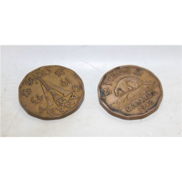 1942 & 1943 WWII CANADA TOMBAC NICKELS