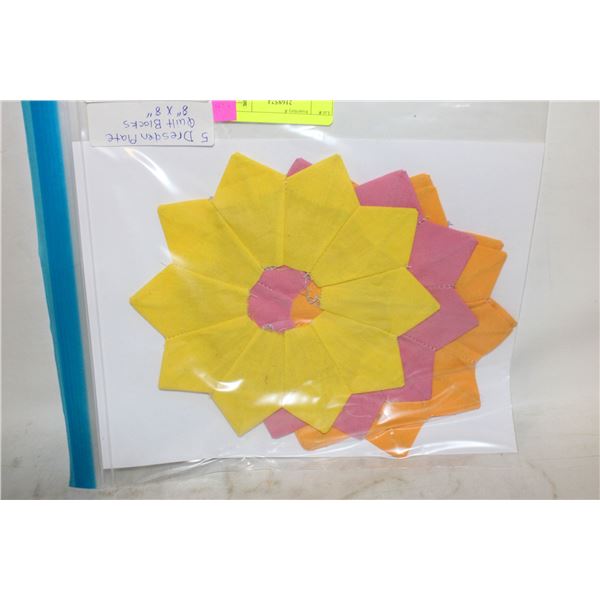 5 DRESDEN PLATE BLOCKS FOR QUILTS, 8"X8"