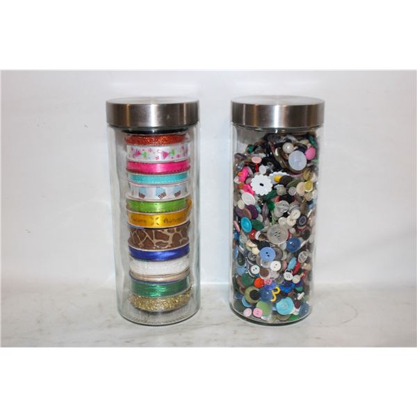 FABRIC RIBBON & BUTTONS IN GLASS STORAGE