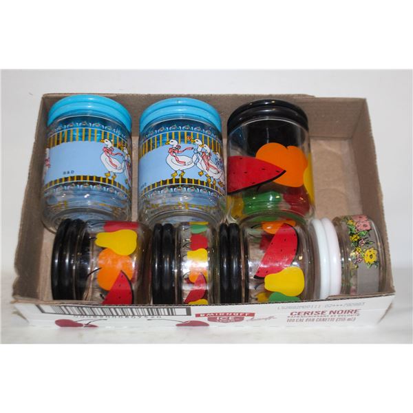 1980'S GLASS STORAGE CANISTERS, 14 PIECES,